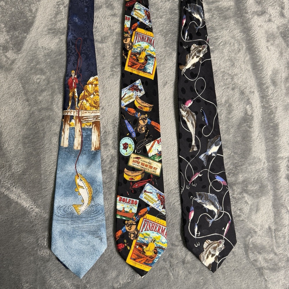 Lot of 3 Vintage Dad Father Neck‎ Tie Fishing  Fisher Theme Multicolor Silk Poly